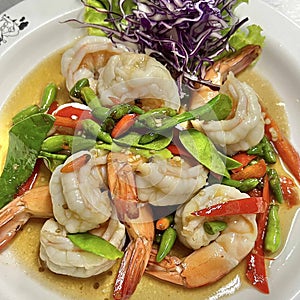 Fried shrimp in oyster sauce, Thai food, vegetables