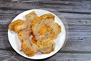 Fried shrimps covered with flour and fried in deep hot oil, shrimps are crustacean (a form of shellfish)