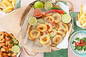 Fried shrimps and squid rings