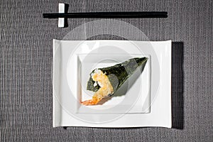 Fried shrimps Temaki, variant of typical Japanese sushi