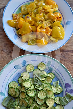 Fried sliced courgettes and peperonata