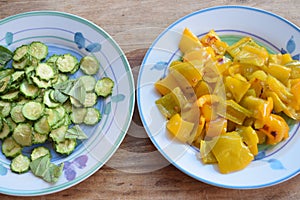 Fried sliced courgettes and peperonata