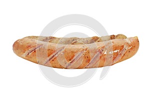 Fried smoked sausages or bratwurst isolated on white background.