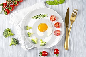 Fried soft-boiled egg on a white plate with fresh broccoli vegetables and tomatoes