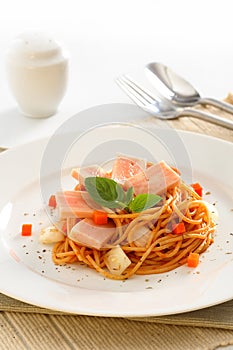 Fried Spaghetti with ham and sausage, Spicy fusion Thai food