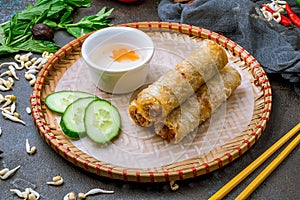 Fried Spring Roll , Vietnamese Food on dark stone table