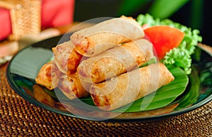 Fried spring rolls on dish