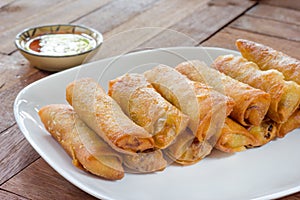 Fried Spring rolls food on wood background