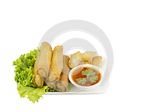 Fried spring rolls with lettuce and dipping sauce on a white plate