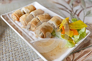 Fried spring rolls and plum sauce.