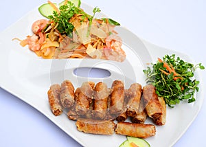 Fried spring rolls with shrimp salad and vegetables on white dis