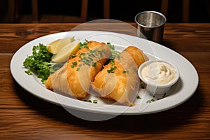 Fried spring rolls on a white plate with sour cream and lemon, A delicious plate of two golden battered fish fillets served, AI