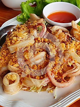 Fried squid with garlic pepper. Thai style seafood,