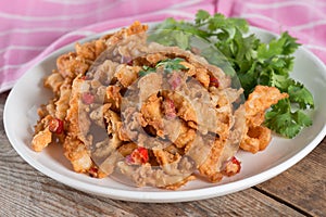 Fried squid sliced on white plate.