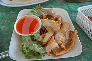 Fried Squid with Sun Dried Snack. Deep fried sundries squid with chili sauce and salad in white plate photo
