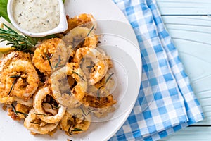 fried squids or octopus (calamari) with sauce