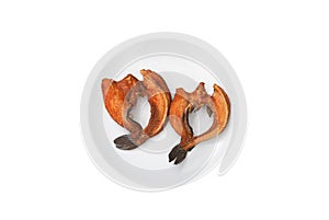 Fried Sun Dried Striped Snakehead Fish on Plate, Isolated