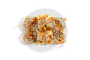 Fried sushi with cucumber, salmon and tuna shavings on white background. Tempura maki  with spicy sauce, tuna shavings in