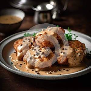 Fried sweetbreads with peppercorn gravy. Fried sweet bread with pepper and cinnamon sauce.