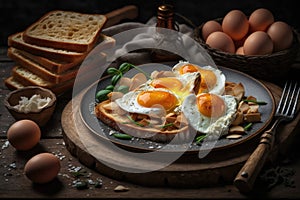 Fried Toast bread with four different types of cooked chicken eggs. AI generated
