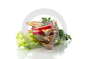 fried toast with chicken, salad, greens isolated on white background
