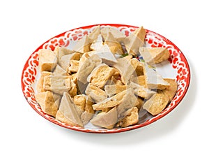 Fried tofu or bean curd in tray traditional thai ingredient for food