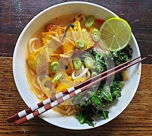 Fried tofu, cale and other vegetables with udon noodles