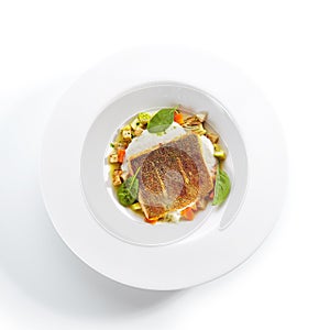 Fried Trout Fillet and Vegetable Stew with Herbs Espuma photo