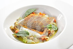 Fried Trout Fillet and Vegetable Stew with Herbs Espuma photo