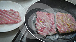 Fried tuna steak on the hot pan