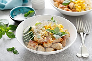 Fried turkey breast and rice with vegetables