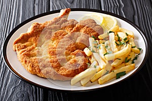 Fried veal cutlet Milanese with lemon and French fries close-up photo