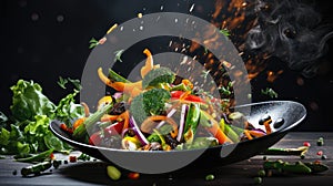 Fried vegetables in a wok on a black background with smoke