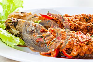 Fried whisker sheat fish with chili sauce