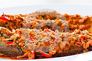 Fried whisker sheat fish with chili sauce