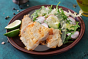 Fried white fish fillet and cucumber and radish salad