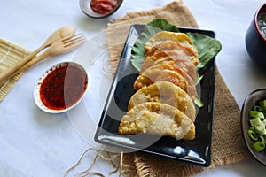 fried wonton. wonton on plate with chili oil. Shrimp or meat dumpling, soup with mustard , green onions, on white background