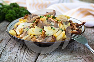 Fried young potatoes with chanterelles mushrooms in bowl on old