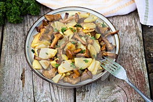 Fried young potatoes with chanterelles mushrooms in bowl on old