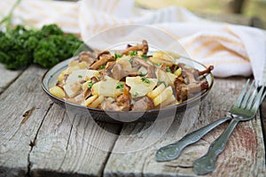 Fried young potatoes with chanterelles mushrooms in bowl on old