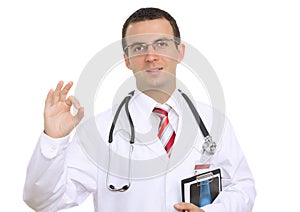 Friedly caucasian doctor show gesture