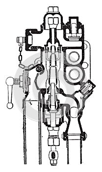 Friedman injector automatic reboot, T. latter type series, vintage engraving