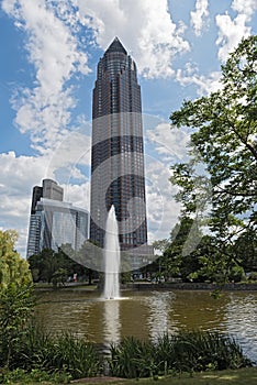 Friedrich Ebert Anlage with fountain and messeturm, Frankfurt, Germany