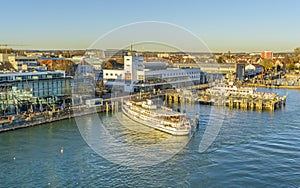 Friedrichshafen harbor with Zeppelin museum on back