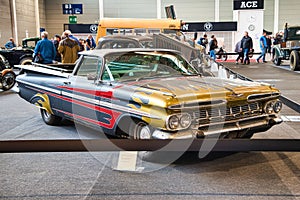 FRIEDRICHSHAFEN - MAY 2019: black yellow red CHEVROLET EL CAMINO 1959 at Motorworld Classics Bodensee on May 11, 2019 in