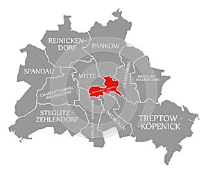 Friedrichshain-Kreuzberg city district red highlighted in map of Berlin Germany