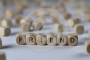 Friend - cube with letters, sign with wooden cubes