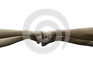 Friend fist bump together isolated on white background. Fist bump between colleagues. Friendship and teamwork concept