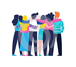 Friend group hug of diverse people isolated