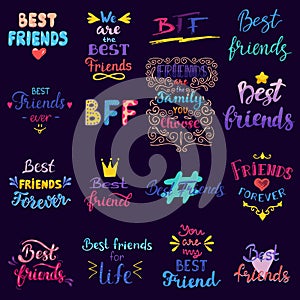 Friend lettering vector BFF friendship card typography and friendly calligraphy logotype best friend sign illustration